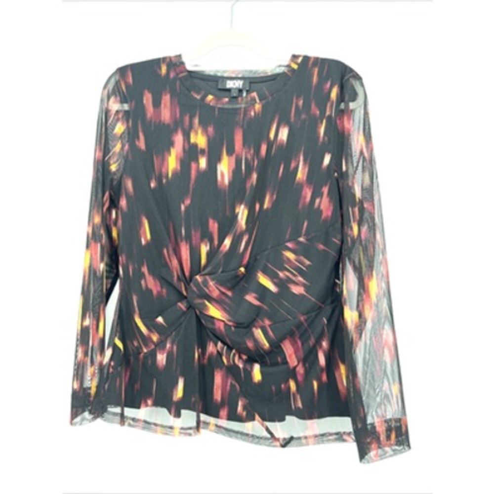 DKNY Sheer Top Womens Large Black Twist Front Allover Abstract Witchy
